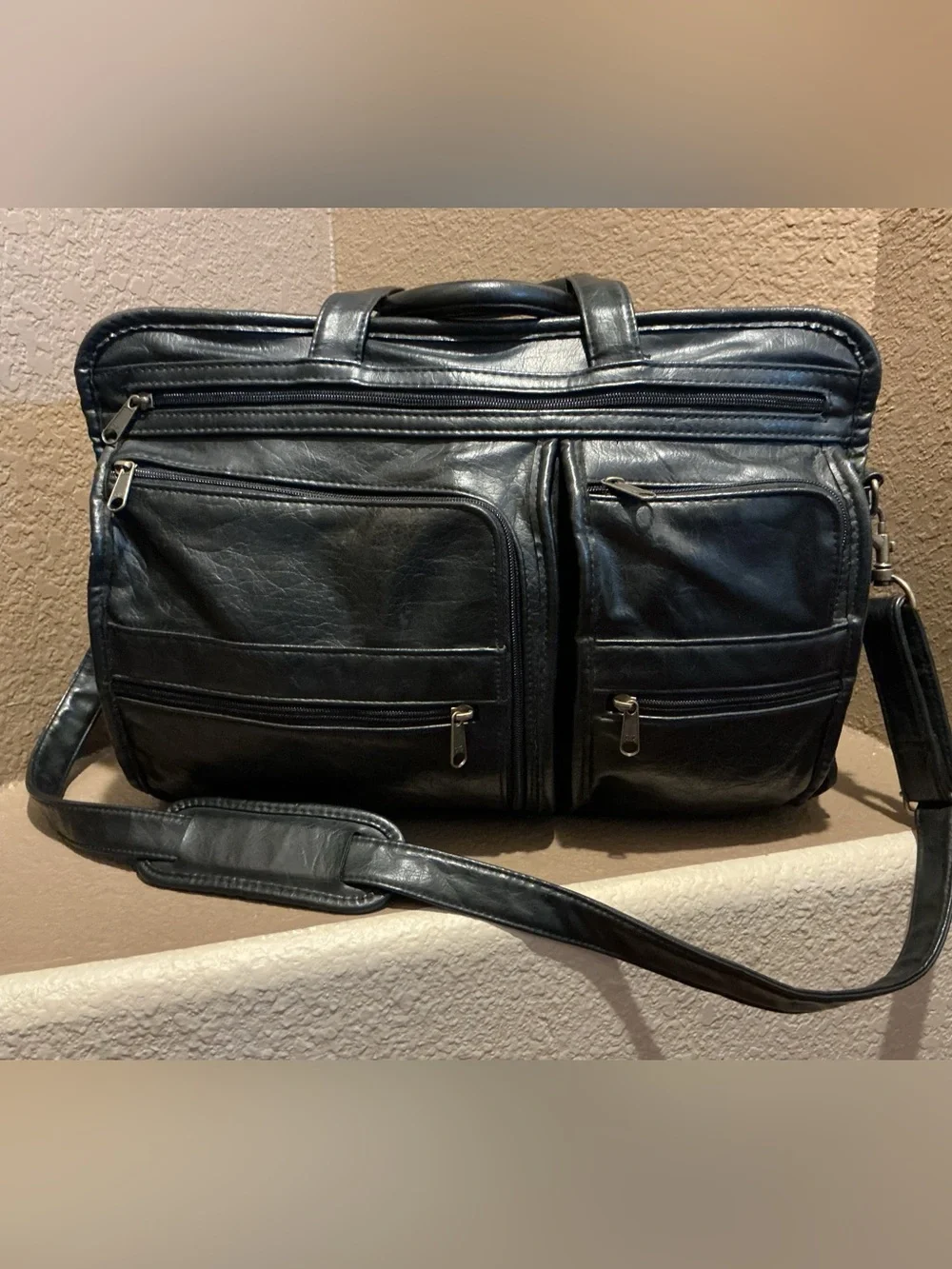 Vintage Monarch Multi-Pocket Black Briefcase Messenger Bag 16”x 11” expandable